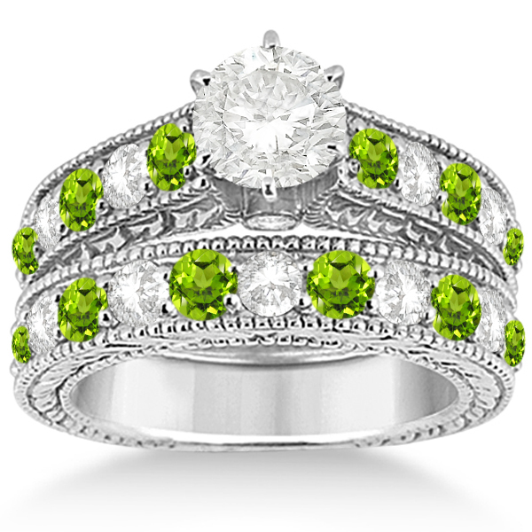 Antique Diamond Peridot Bridal Wedding Ring Set 14k White Gold 2.75ct