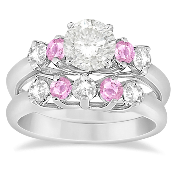 Five Stone Diamond Pink Shire Bridal Ring Set 14k Wht Gold Five Stone Diamond Pink Shire Bridal Ring Set 14k Wht Gold