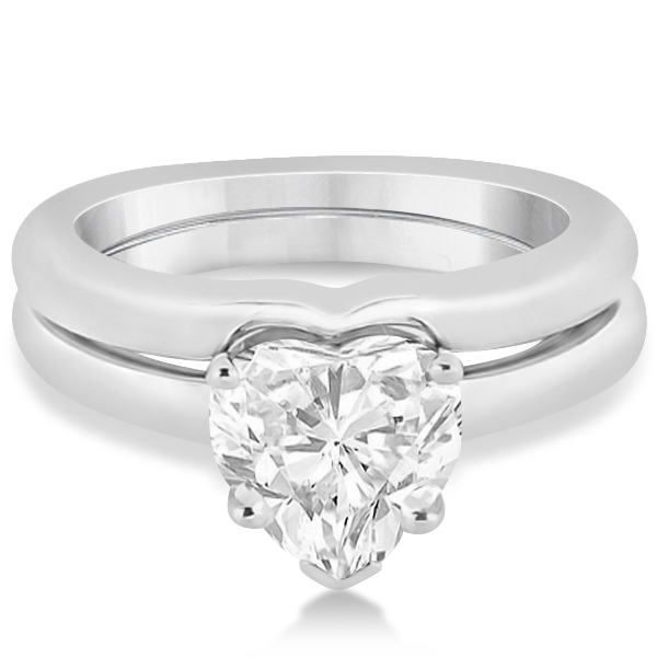 Heart Shaped Engagement Ring Wedding Band Bridal Set Platinum U4159 Heart Shaped Engagement Ring Wedding Band Bridal Set In Platinum