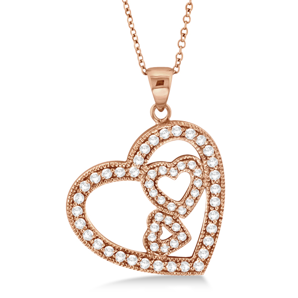 Triple Heart Shaped Diamond Pendant Necklace 14k Rose Gold 0 58ct