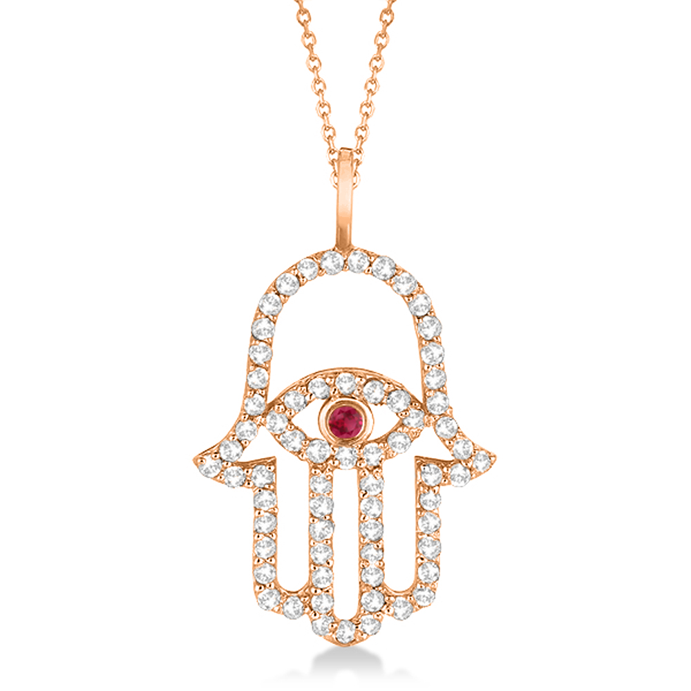 Diamond Ruby Hamsa Evil Eye Pendant Necklace 14k Rose Gold 0 51ct Diamond Ruby Hamsa Evil Eye Pendant Necklace 14k Rose Gold