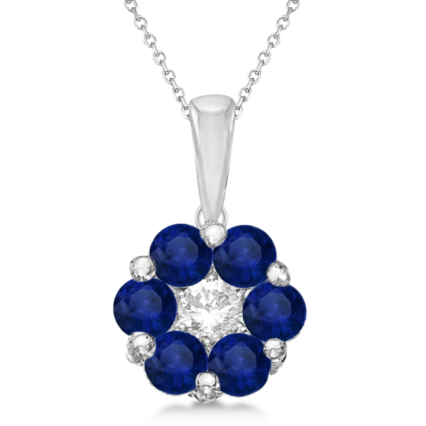 Flower Diamond Blue Sapphire Pendant Necklace 14k White Gold 1 40 Flower Diamond Blue Sapphire Pendant Necklace 14k White Gold