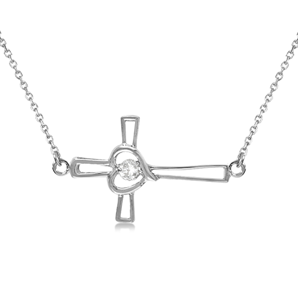 Open Heart Diamond Sideways Cross Necklace 14k White Gold 01ct Open Heart Diamond Sideways Cross Necklace 14k White Gold 01ct