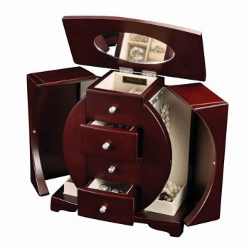 Wooden Upright Jewelry Box in Mahogany Finish, Oval Cut-Out Design