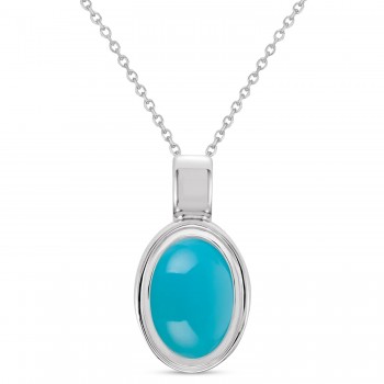 Oval Natural Cabochon Turquoise Pendant Necklace 14K White Gold (0.83ct)