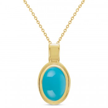 Oval Natural Cabochon Turquoise Pendant Necklace 14K Yellow Gold (0.83ct)