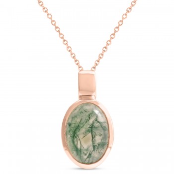 Oval Natural Cabochon Moss Agate Pendant Necklace 14K Rose Gold (0.72ct)