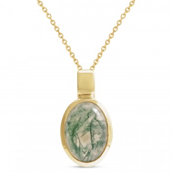 Oval Natural Cabochon Moss Agate Pendant Necklace 14K Yellow Gold (0.72ct)