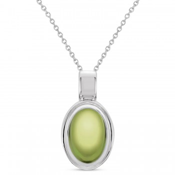Oval Natural Cabochon Peridot Pendant Necklace 14K White Gold (0.86ct)
