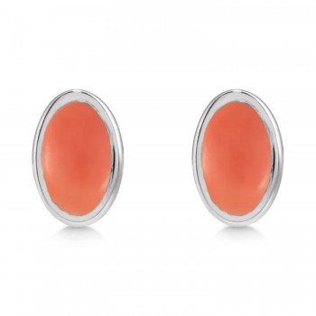 Oval Natural Cabochon Pink Coral Stud Earrings 14K White Gold (0.23ct)