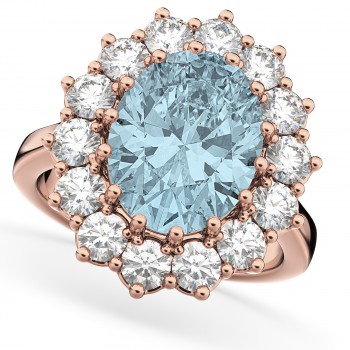 Oval Aquamarine & Diamond Halo Lady Di Ring 14k Rose Gold (6.40ct)