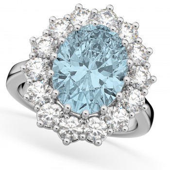 Oval Aquamarine & Diamond Halo Lady Di Ring 14k White Gold (6.40ct)