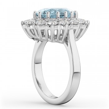 Oval Aquamarine & Diamond Halo Lady Di Ring 14k White Gold (6.40ct)