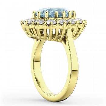 Oval Aquamarine & Diamond Halo Lady Di Ring 14k Yellow Gold (6.40ct)