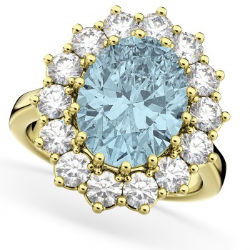 Oval Aquamarine & Diamond Halo Lady Di Ring 18k Yellow Gold (6.40ct)