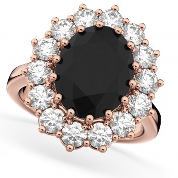 Oval Black Diamond & Diamond Halo Lady Di Ring 14k Rose Gold (6.40ct)