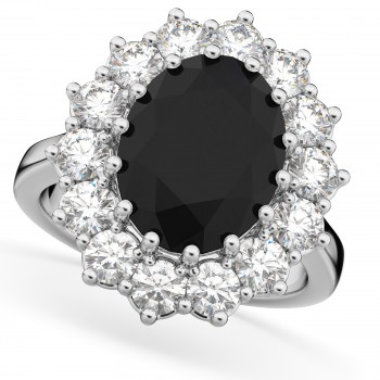 Oval Black Diamond & Diamond Halo Lady Di Ring 14k White Gold (6.40ct)