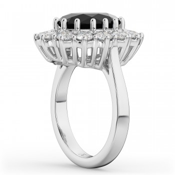 Oval Black Diamond & Diamond Halo Lady Di Ring 14k White Gold (6.40ct)