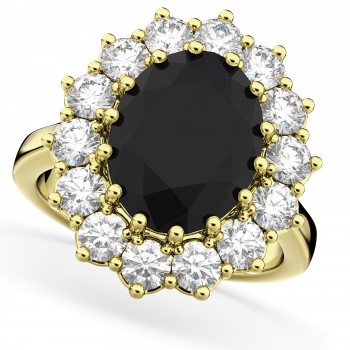 Oval Black Diamond & Diamond Halo Lady Di Ring 14k Yellow Gold (6.40ct)