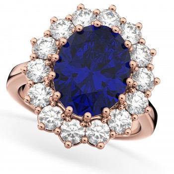 Oval Blue Sapphire & Diamond Halo Lady Di Ring 14k Rose Gold (6.40ct)
