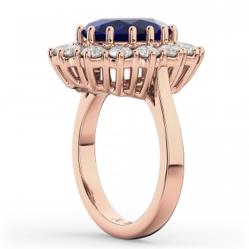 Oval Blue Sapphire & Diamond Halo Lady Di Ring 14k Rose Gold (6.40ct)