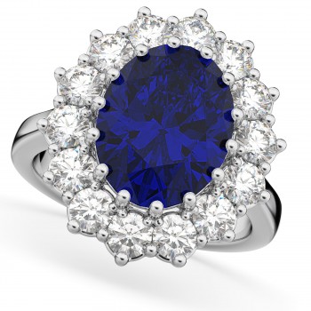 Oval Blue Sapphire & Diamond Halo Lady Di Ring 14k White Gold (6.40ct)