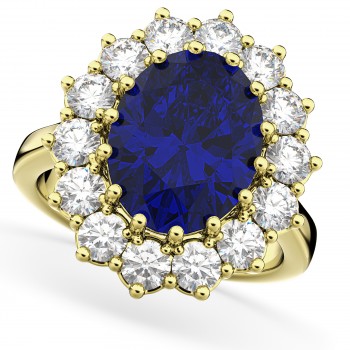 Oval Blue Sapphire & Diamond Halo Lady Di Ring 14k Yellow Gold (6.40ct)