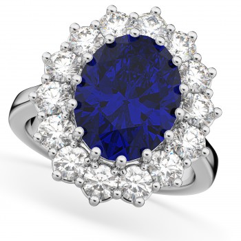 Oval Blue Sapphire & Diamond Halo Lady Di Ring 18k White Gold (6.40ct)
