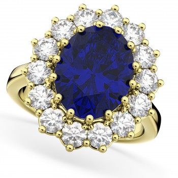 Oval Blue Sapphire & Diamond Halo Lady Di Ring 18k Yellow Gold (6.40ct)