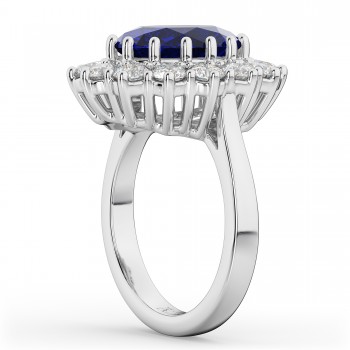 Oval Blue Sapphire & Diamond Halo Lady Di Ring Platinum (6.40ct)