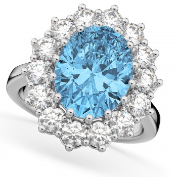 Oval Blue Topaz & Diamond Halo Lady Di Ring 14k White Gold (6.40ct)