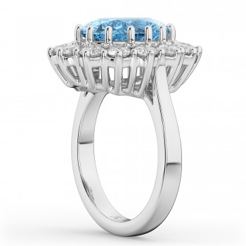 Oval Blue Topaz & Diamond Halo Lady Di Ring 14k White Gold (6.40ct)