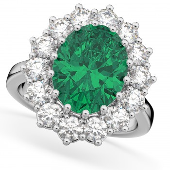 Oval Emerald & Diamond Halo Lady Di Ring 14k White Gold (6.40ct)