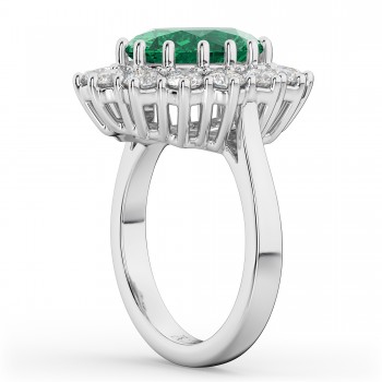 Oval Emerald & Diamond Halo Lady Di Ring 14k White Gold (6.40ct)