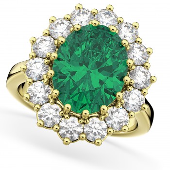 Oval Emerald & Diamond Halo Lady Di Ring 14k Yellow Gold (6.40ct)