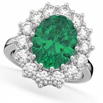 Oval Emerald & Diamond Halo Lady Di Ring 18k White Gold (6.40ct)