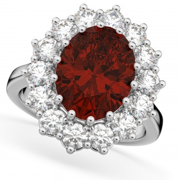 Oval Garnet & Diamond Halo Lady Di Ring 14k White Gold (6.40ct)