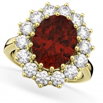 Oval Garnet & Diamond Halo Lady Di Ring 14k Yellow Gold (6.40ct)