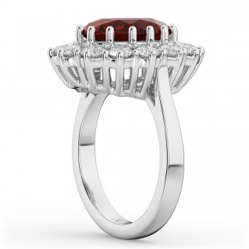 Oval Garnet & Diamond Halo Lady Di Ring 18k White Gold (6.40ct)