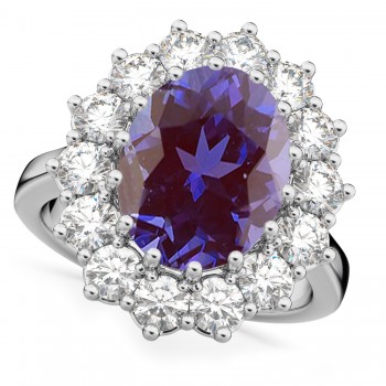 Oval Lab Alexandrite & Diamond Halo Lady Di Ring 14k White Gold (6.40ct)