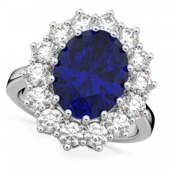 Oval Lab Blue Sapphire & Diamond Halo Lady Di Ring 14k White Gold (6.40ct)