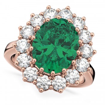Oval Lab Emerald & Diamond Halo Lady Di Ring 14k Rose Gold (6.40ct)