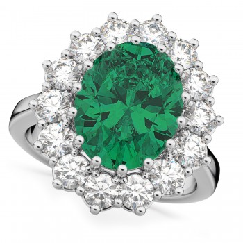 Oval Lab Emerald & Diamond Halo Lady Di Ring 14k White Gold (6.40ct)