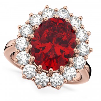 Oval Lab Ruby & Diamond Halo Lady Di Ring 14k Rose Gold (6.40ct)