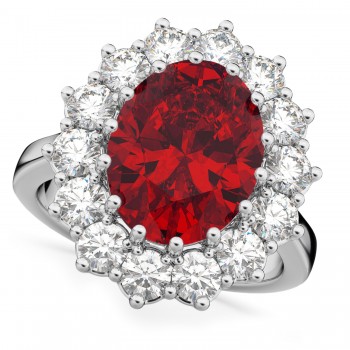 Oval Lab Ruby & Diamond Halo Lady Di Ring 14k White Gold (6.40ct)