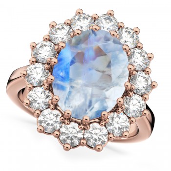 Oval Moonstone & Diamond Halo Lady Di Ring 14k Rose Gold (6.40ct)