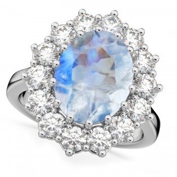 Oval Moonstone & Diamond Halo Lady Di Ring 14k White Gold (6.40ct)