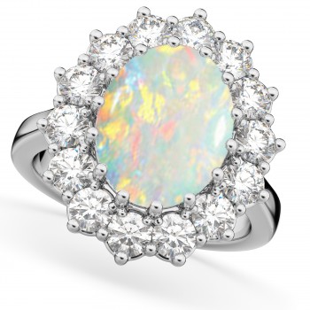 Oval Opal & Diamond Halo Lady Di Ring 14k White Gold (6.40ct)