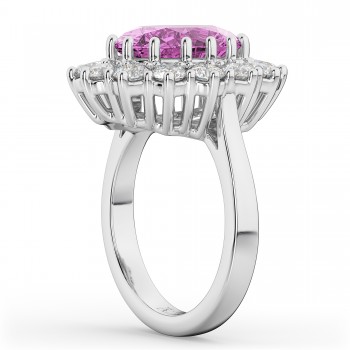 Oval Pink Sapphire & Diamond Halo Lady Di Ring 18k White Gold (6.40ct)