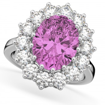 Oval Pink Sapphire & Diamond Halo Lady Di Ring Platinum (6.40ct)